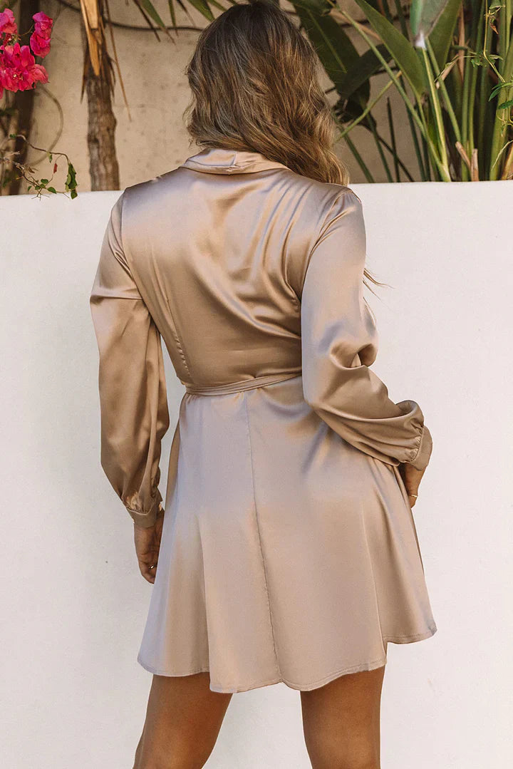Women's Satin Wrap Mini Long Sleeve Dress