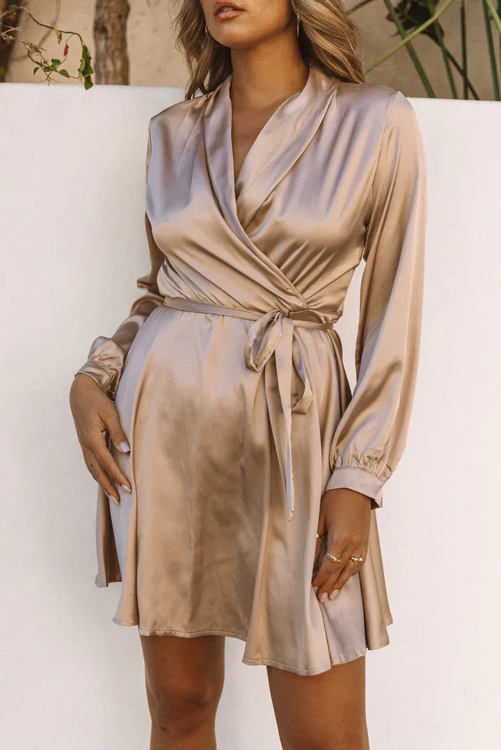 Women's Satin Wrap Mini Long Sleeve Dress