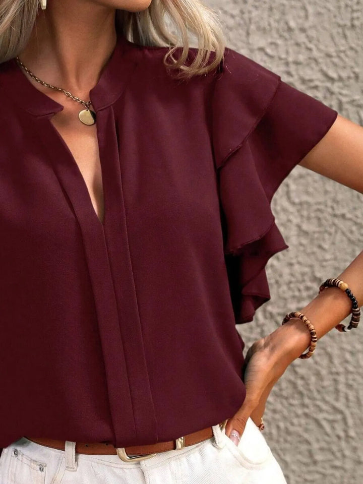 Women's Chiffon Ruffle Sleeve Blouse V Neck Tops