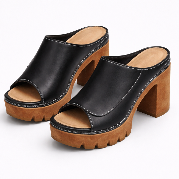 Women Leather Platform Mules Chunky High Heel Open Toe Sandals