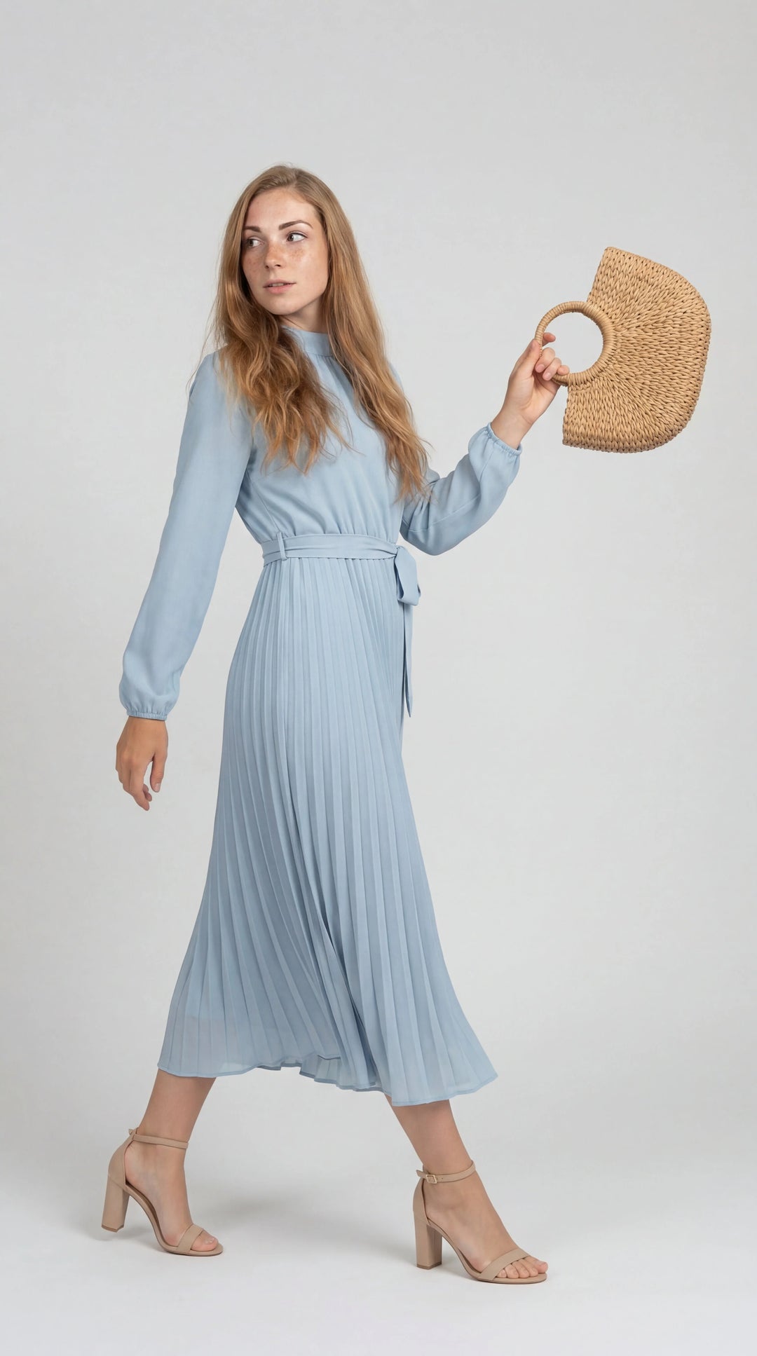 Women's Chiffon Pleated Long Sleeve Midi Dress