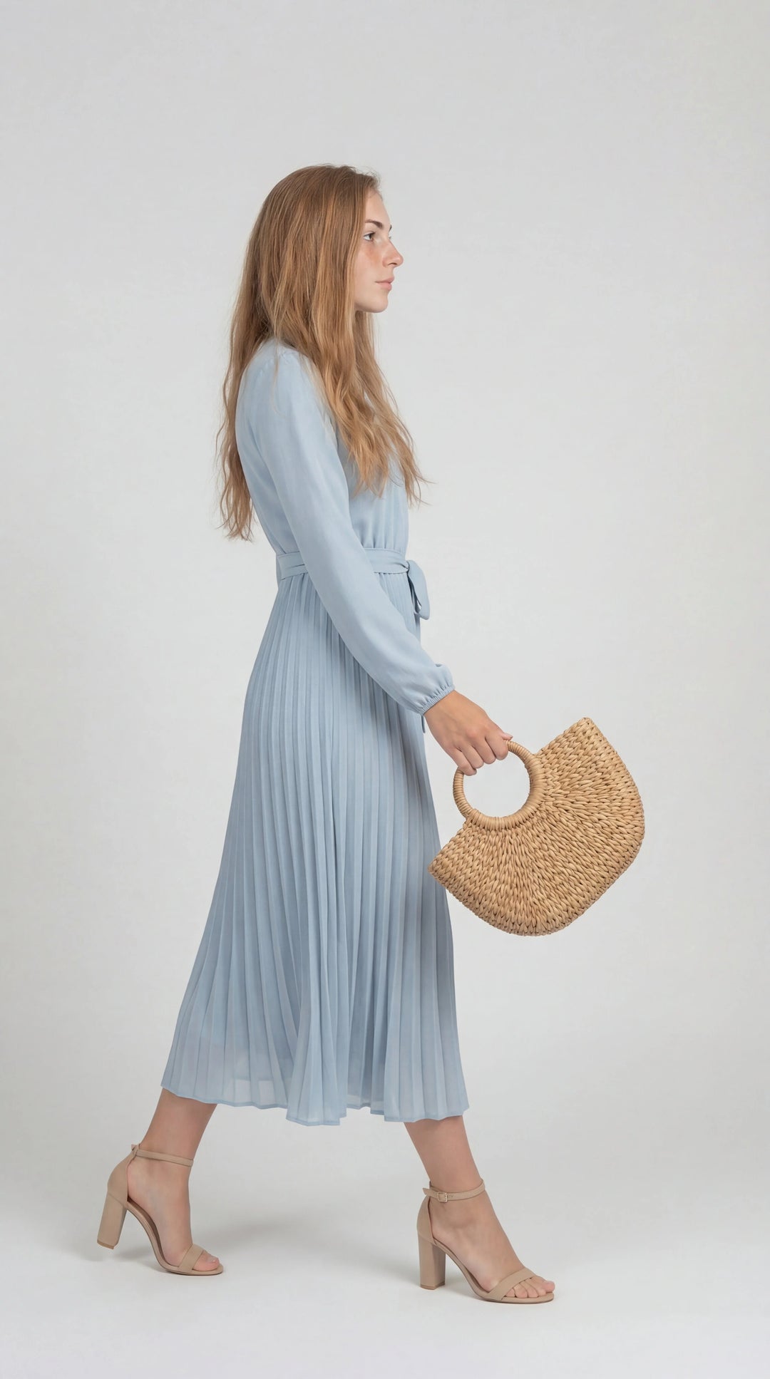 Women's Chiffon Pleated Long Sleeve Midi Dress