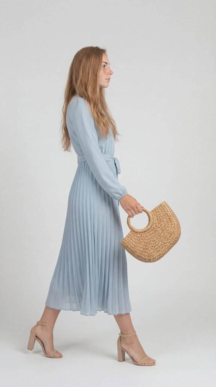 Women's Chiffon Pleated Long Sleeve Midi Dress