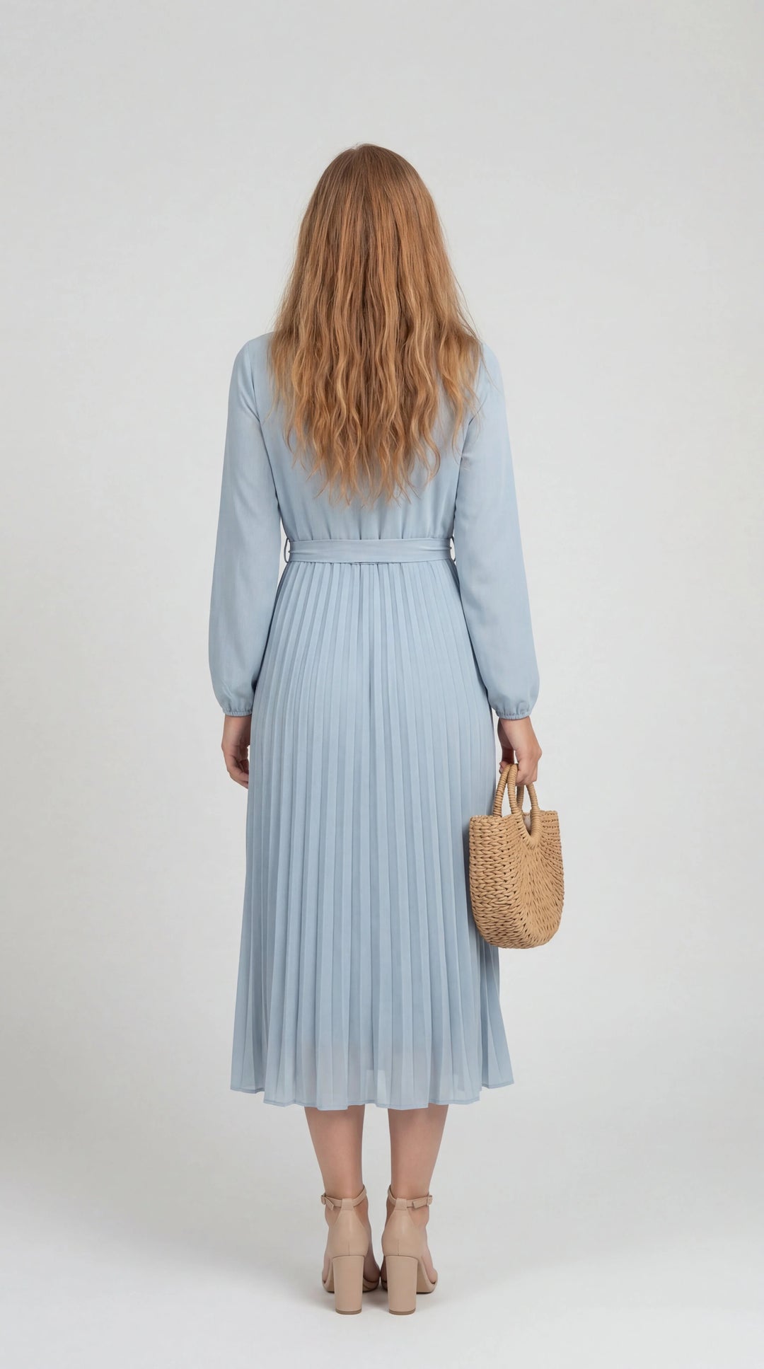 Women's Chiffon Pleated Long Sleeve Midi Dress