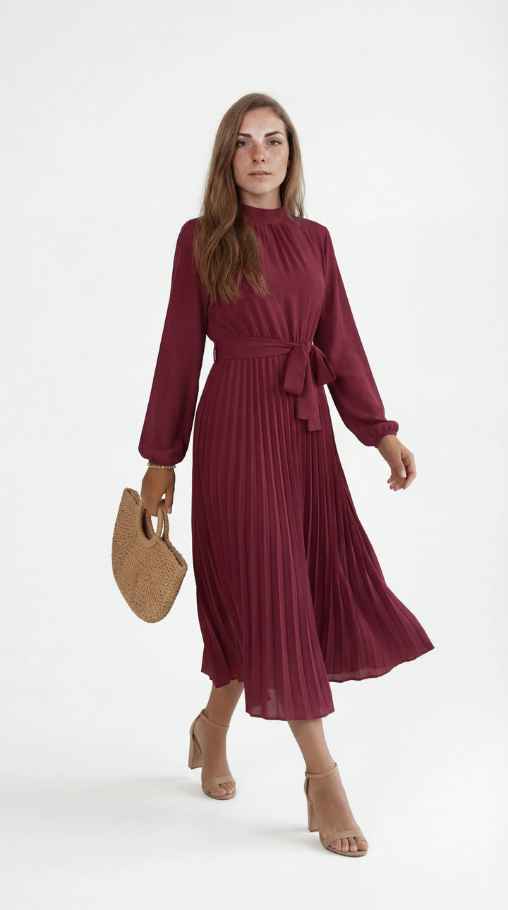 Women's Chiffon Pleated Long Sleeve Midi Dress