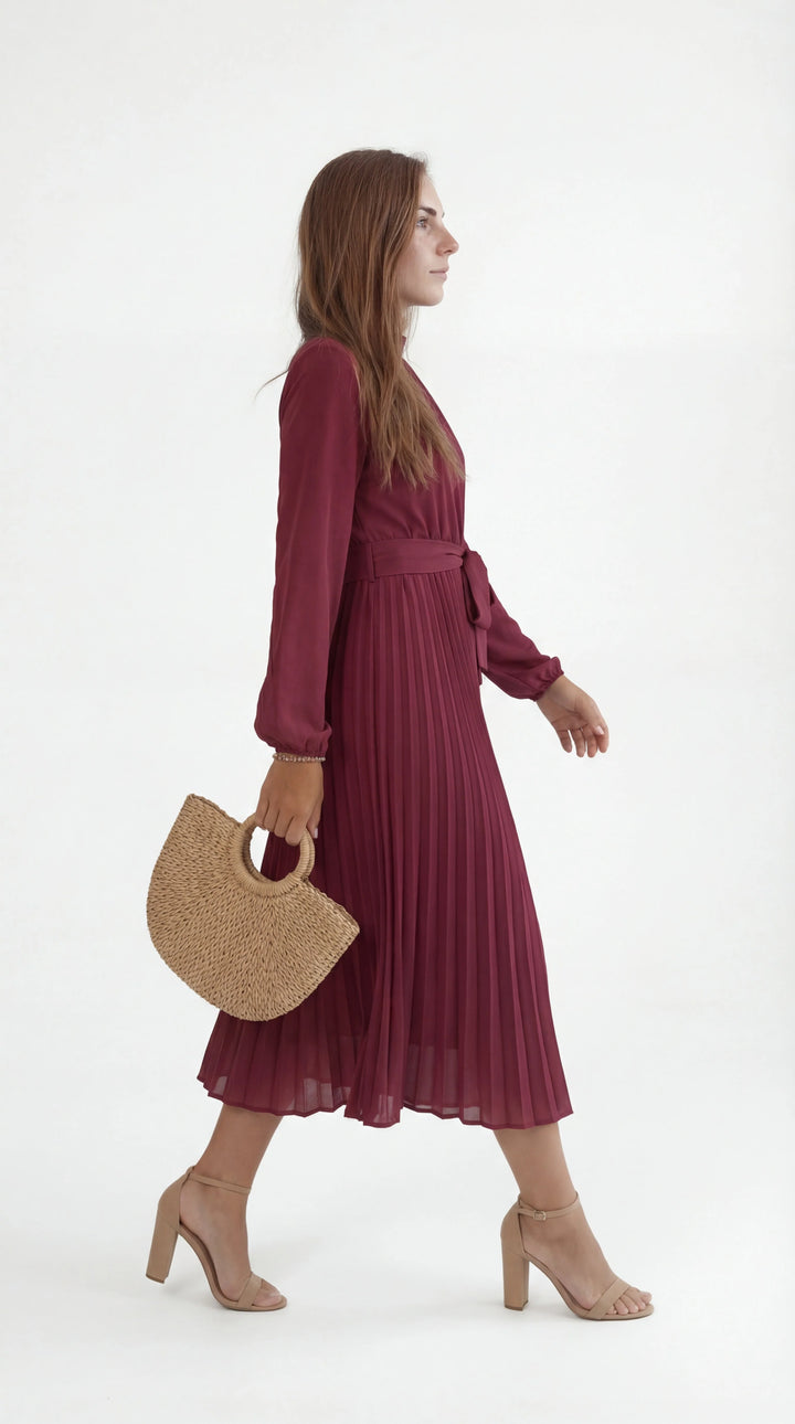 Women's Chiffon Pleated Long Sleeve Midi Dress