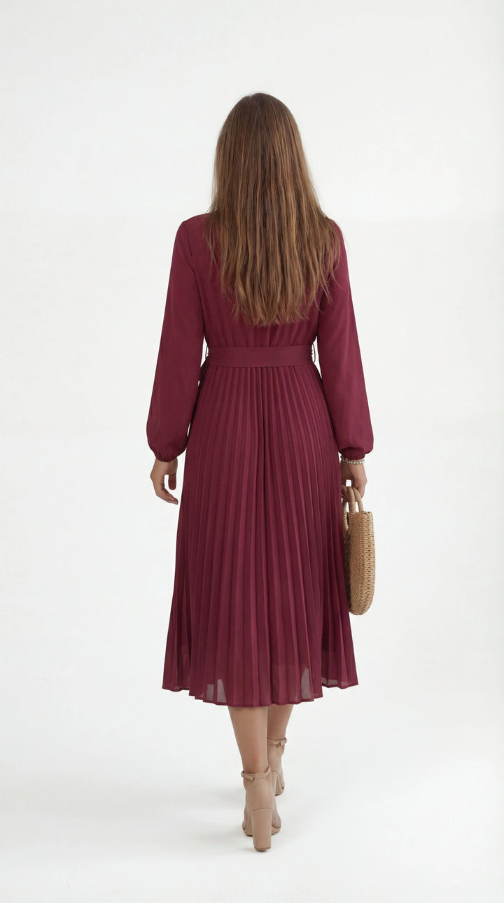 Women's Chiffon Pleated Long Sleeve Midi Dress