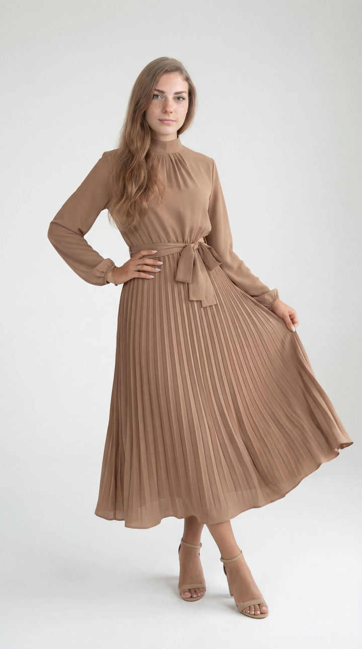 Women's Chiffon Pleated Long Sleeve Midi Dress