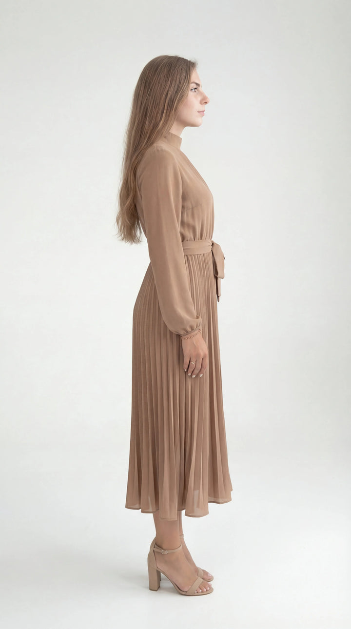 Women's Chiffon Pleated Long Sleeve Midi Dress
