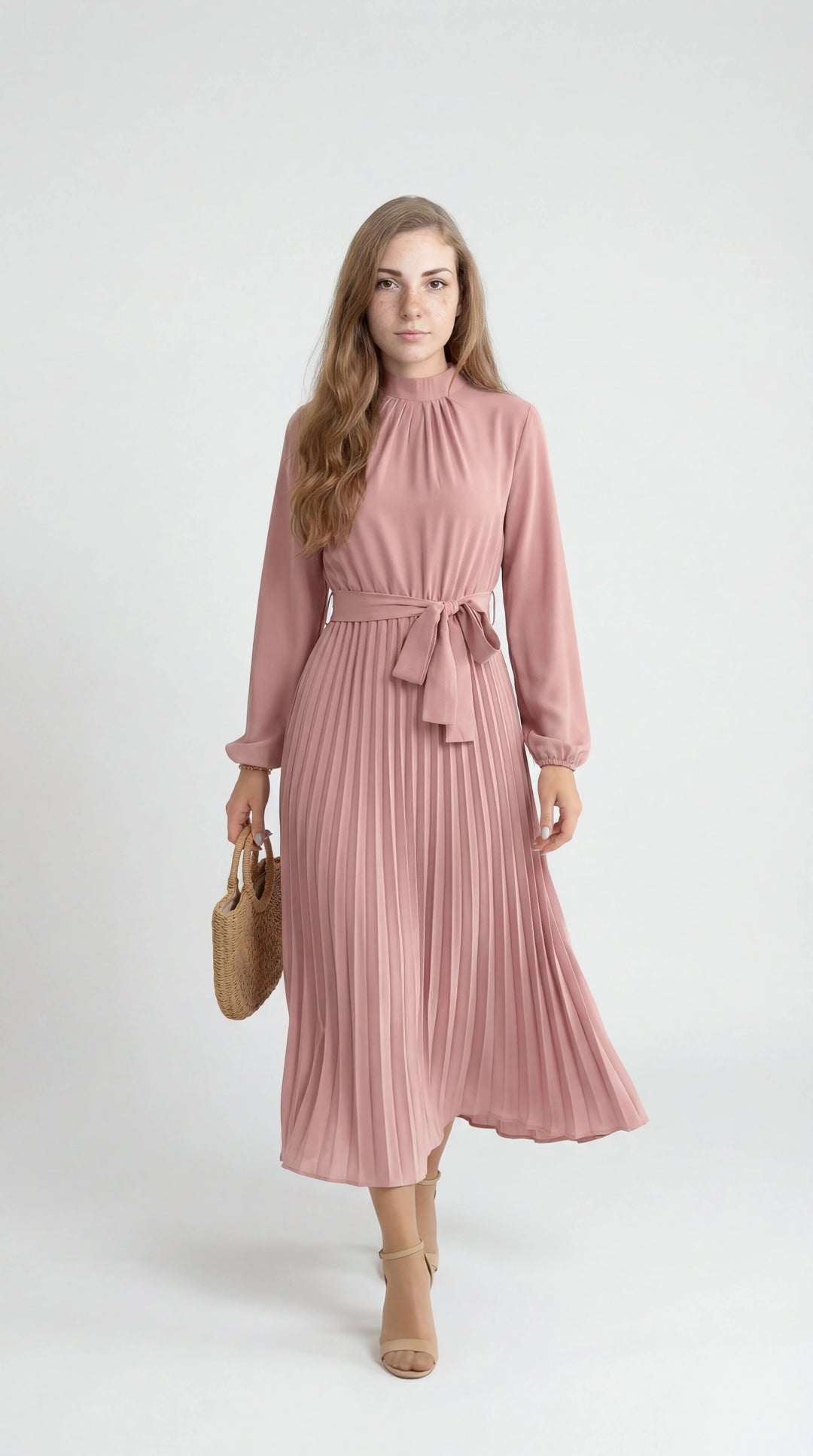 Women's Chiffon Pleated Long Sleeve Midi Dress