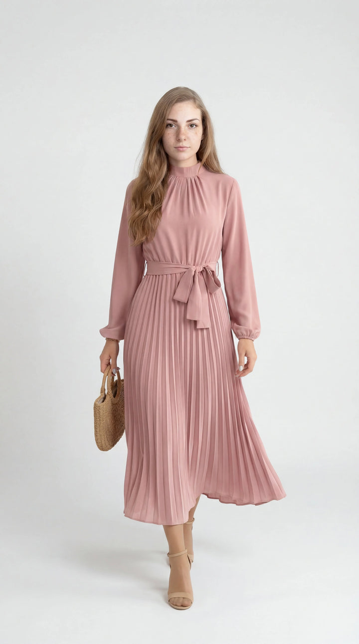 Women's Chiffon Pleated Long Sleeve Midi Dress