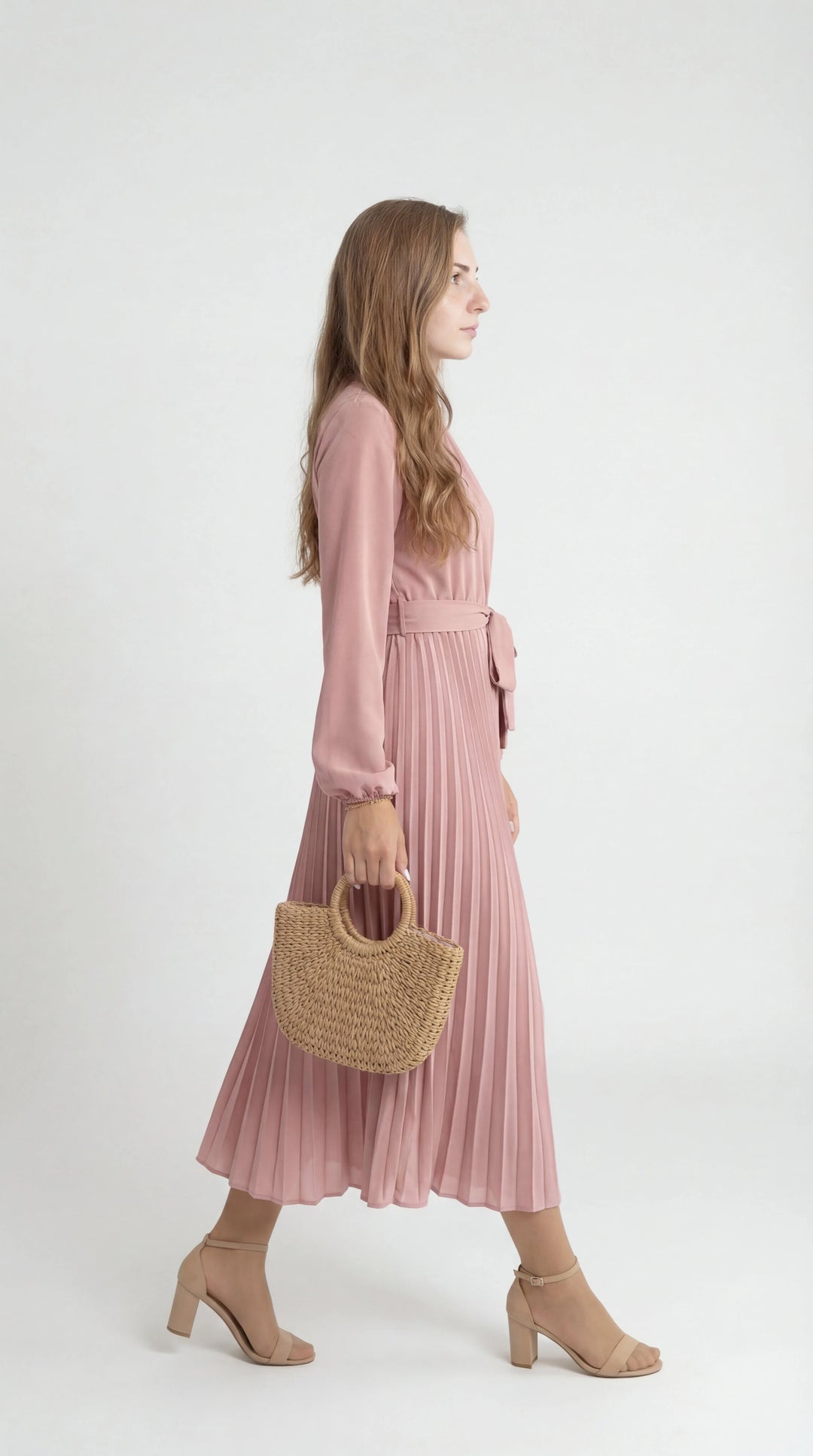 Women's Chiffon Pleated Long Sleeve Midi Dress