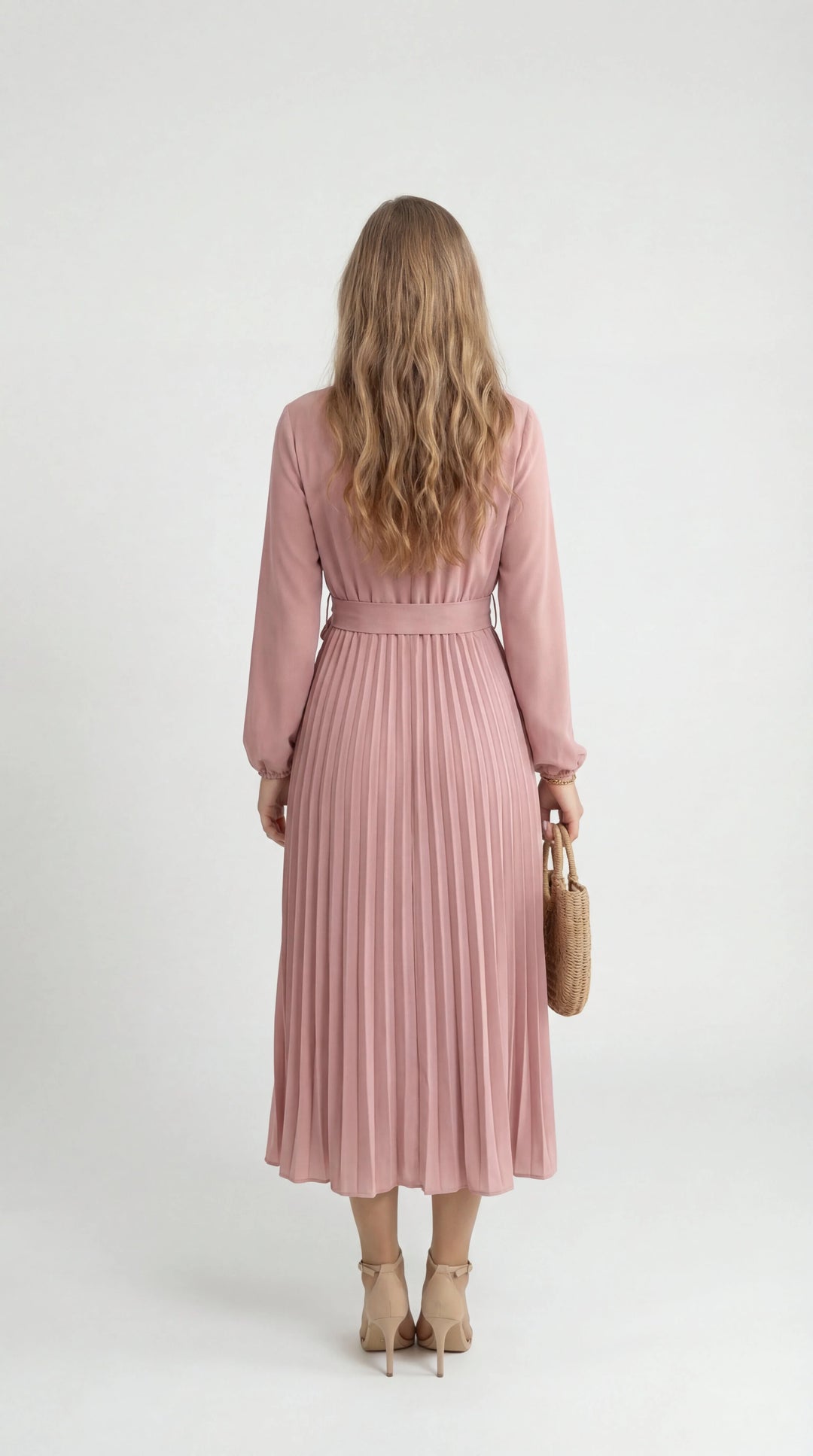 Women's Chiffon Pleated Long Sleeve Midi Dress