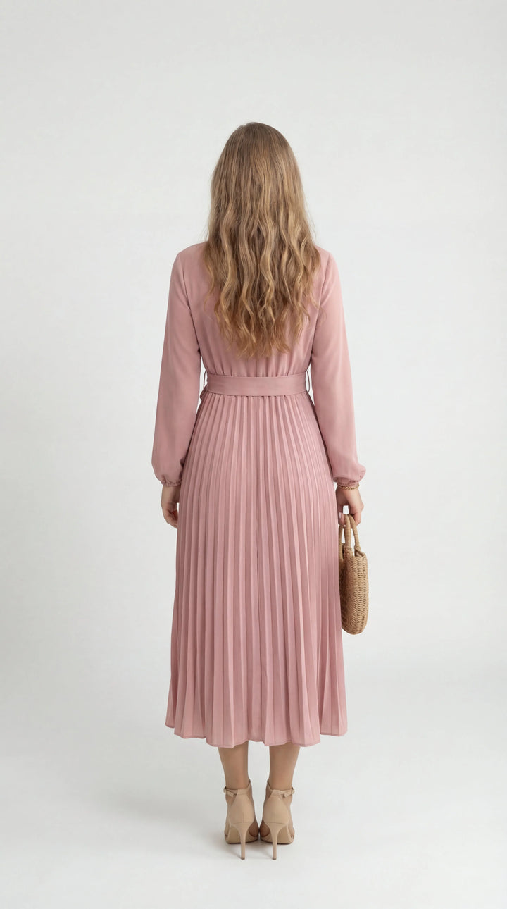 Women's Chiffon Pleated Long Sleeve Midi Dress