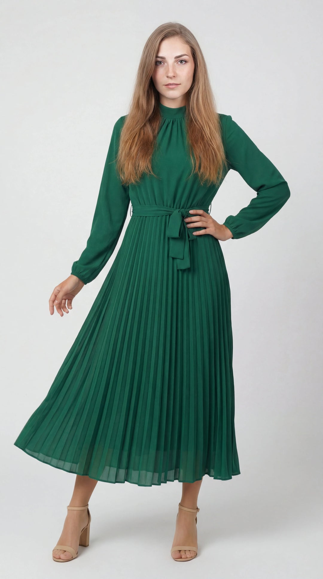 Women's Chiffon Pleated Long Sleeve Midi Dress