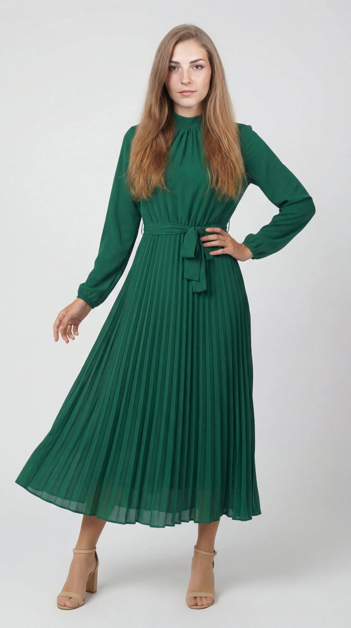 Women's Chiffon Pleated Long Sleeve Midi Dress