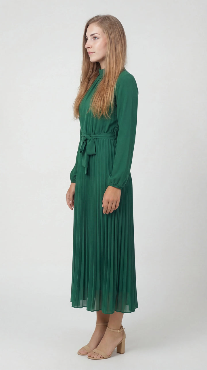 Women's Chiffon Pleated Long Sleeve Midi Dress