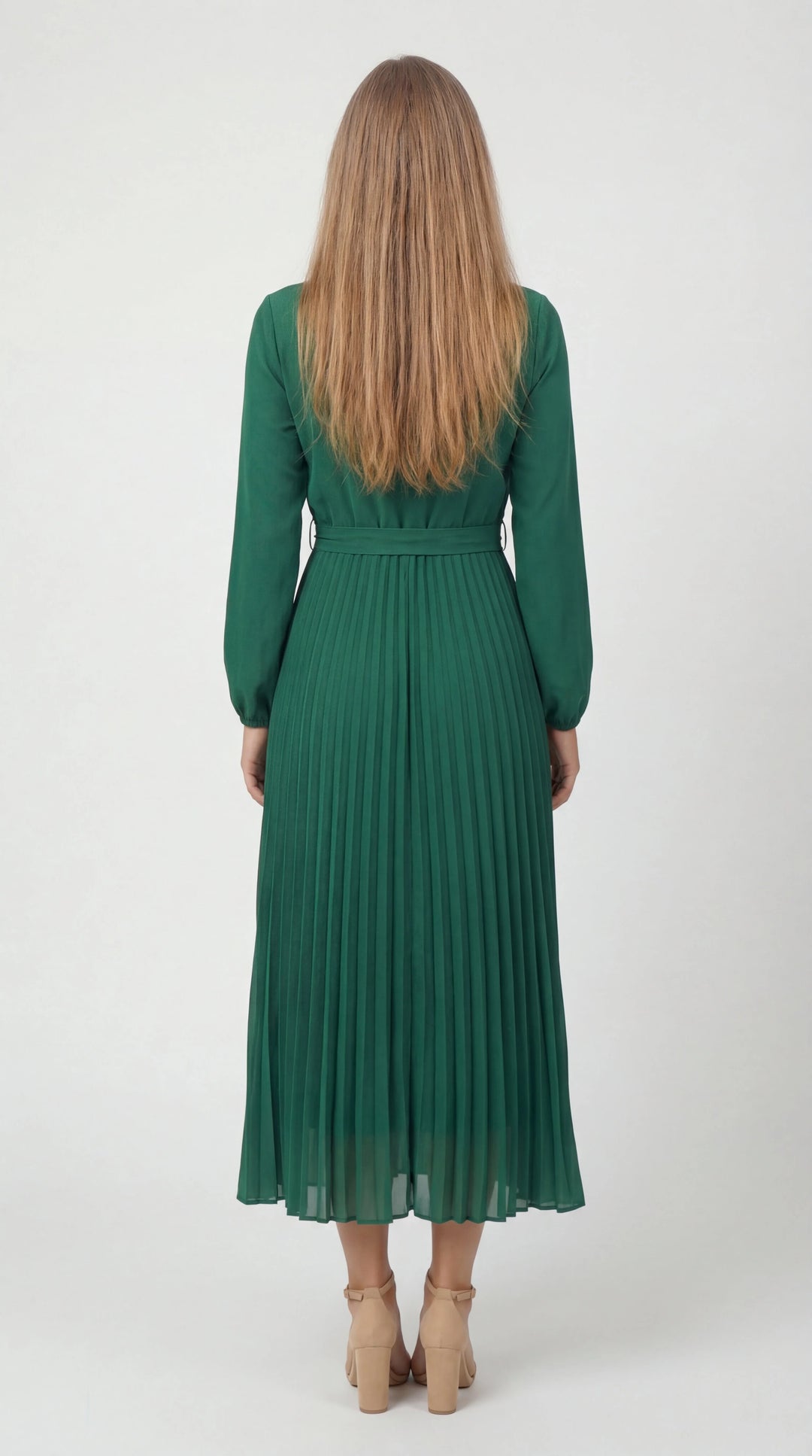 Women's Chiffon Pleated Long Sleeve Midi Dress