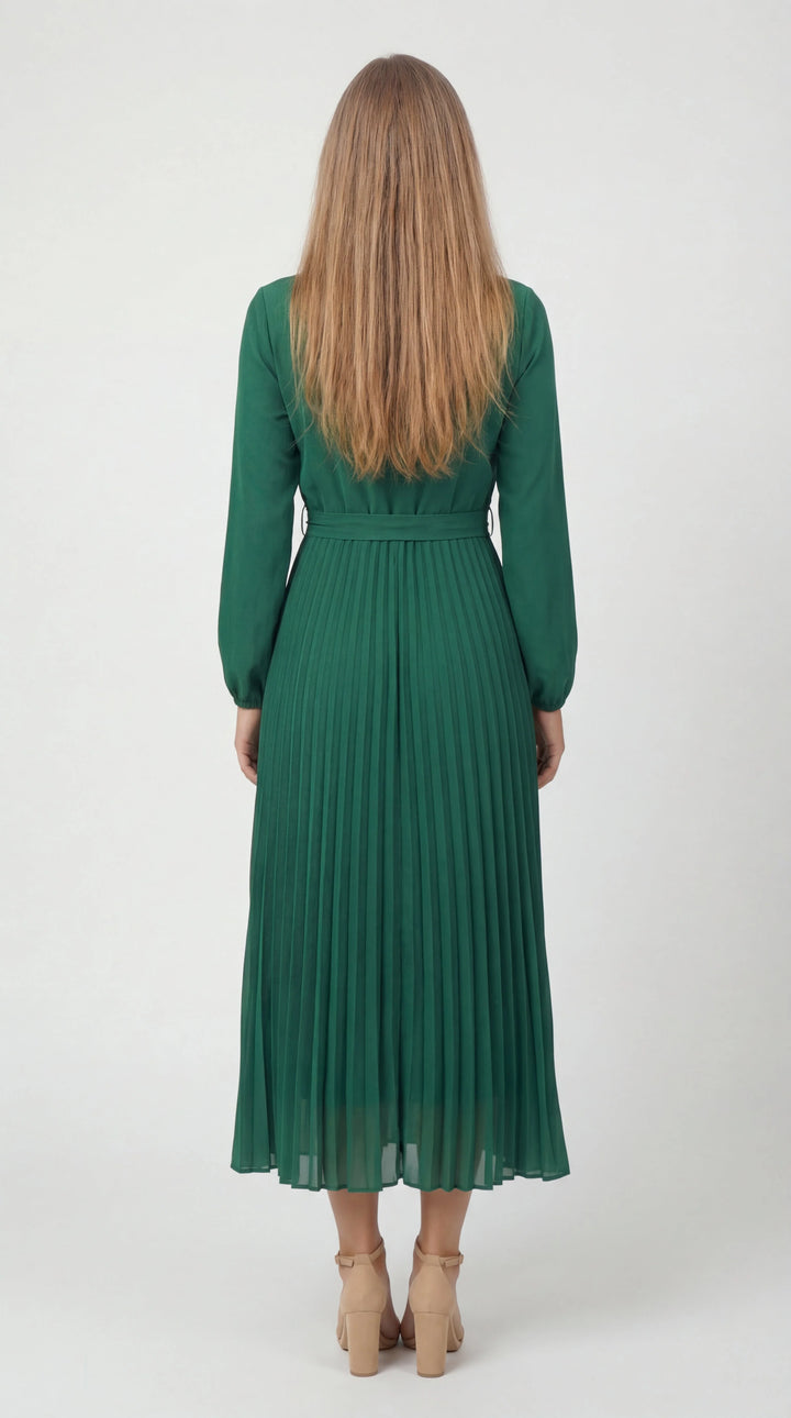 Women's Chiffon Pleated Long Sleeve Midi Dress