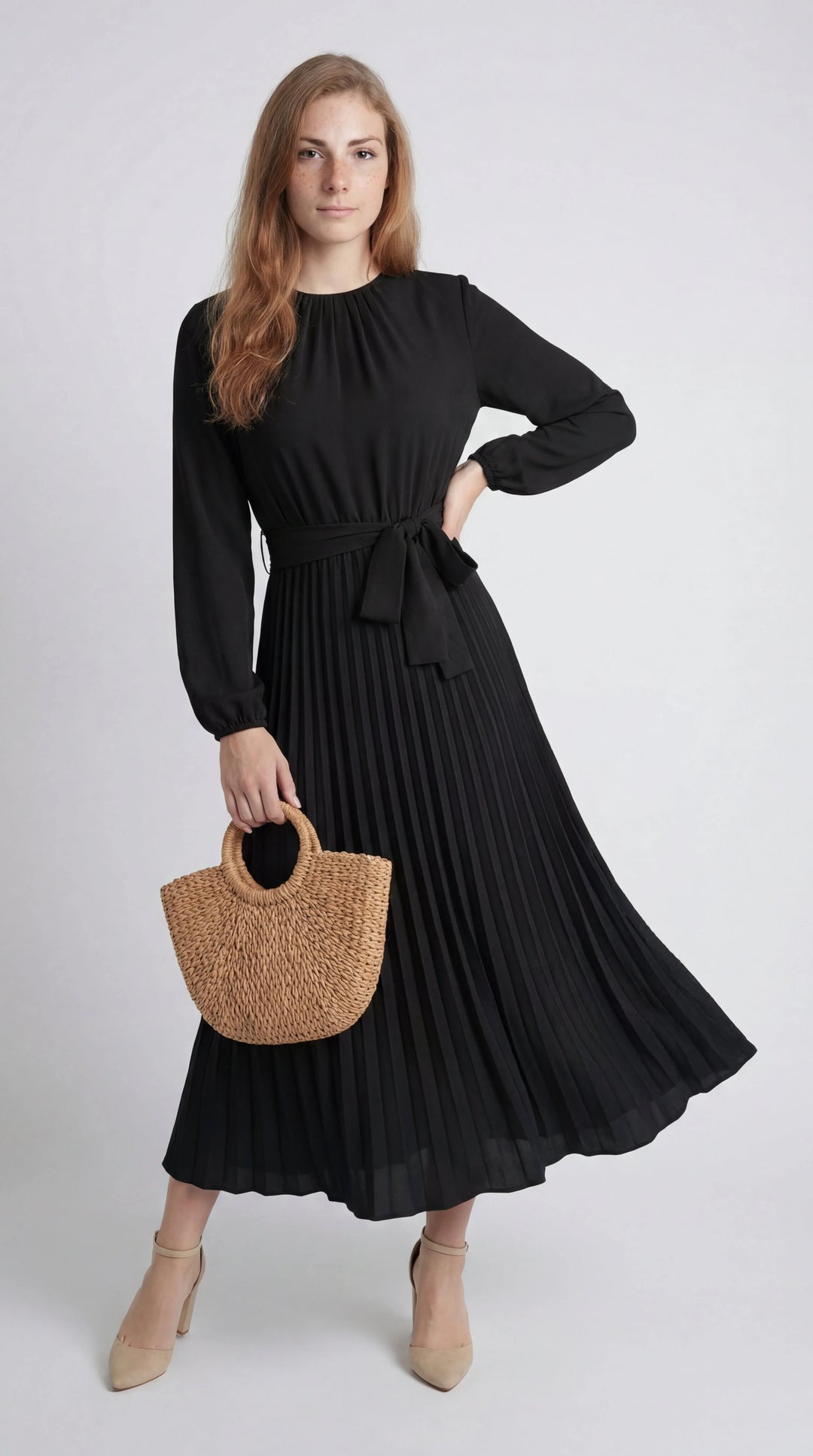 Women's Chiffon Pleated Long Sleeve Midi Dress