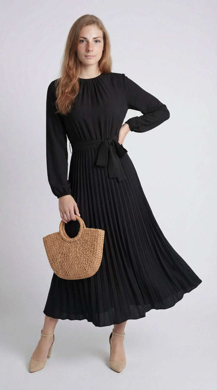 Women's Chiffon Pleated Long Sleeve Midi Dress