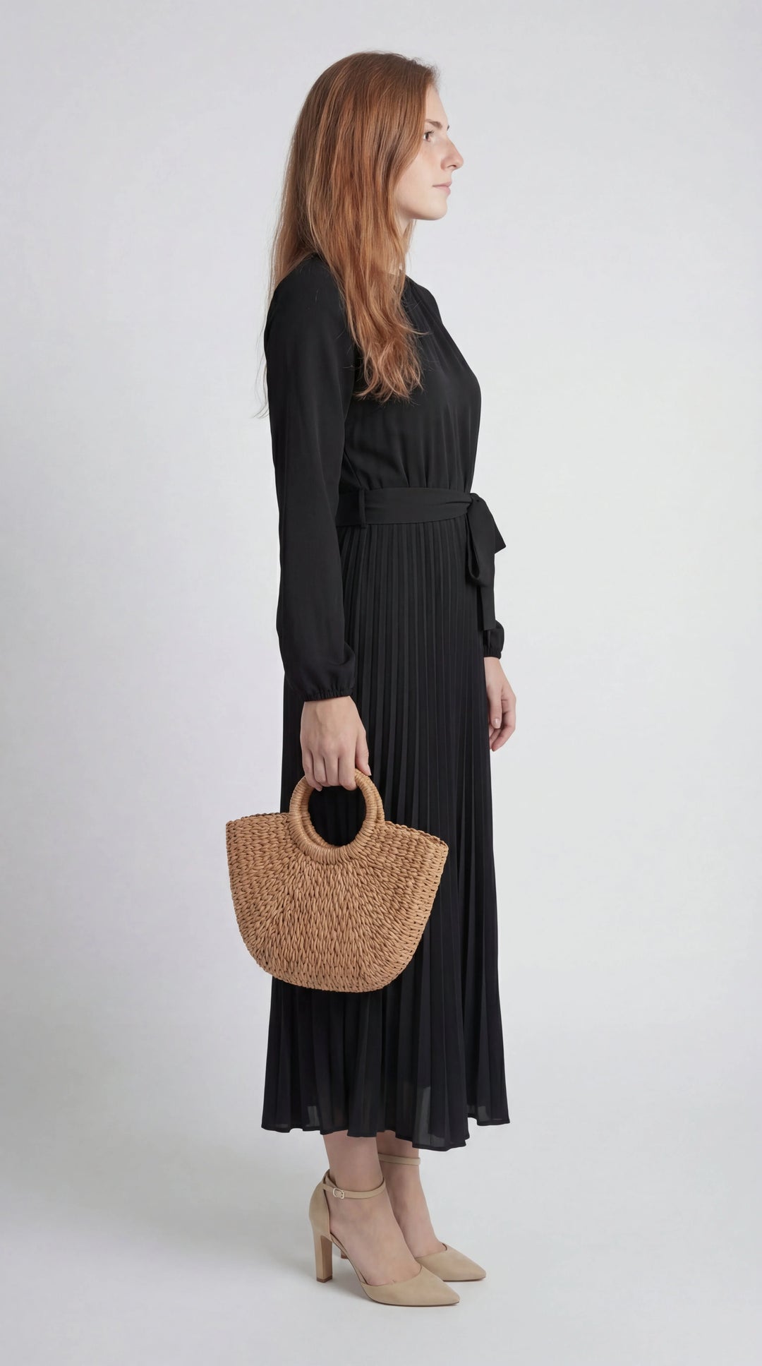 Women's Chiffon Pleated Long Sleeve Midi Dress