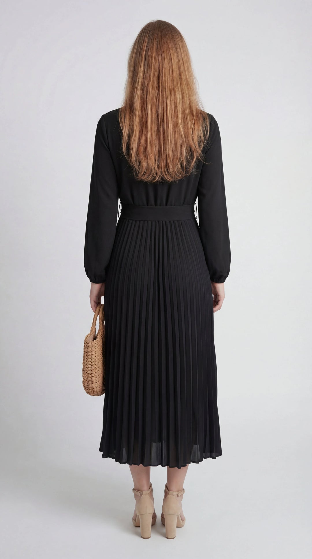 Women's Chiffon Pleated Long Sleeve Midi Dress