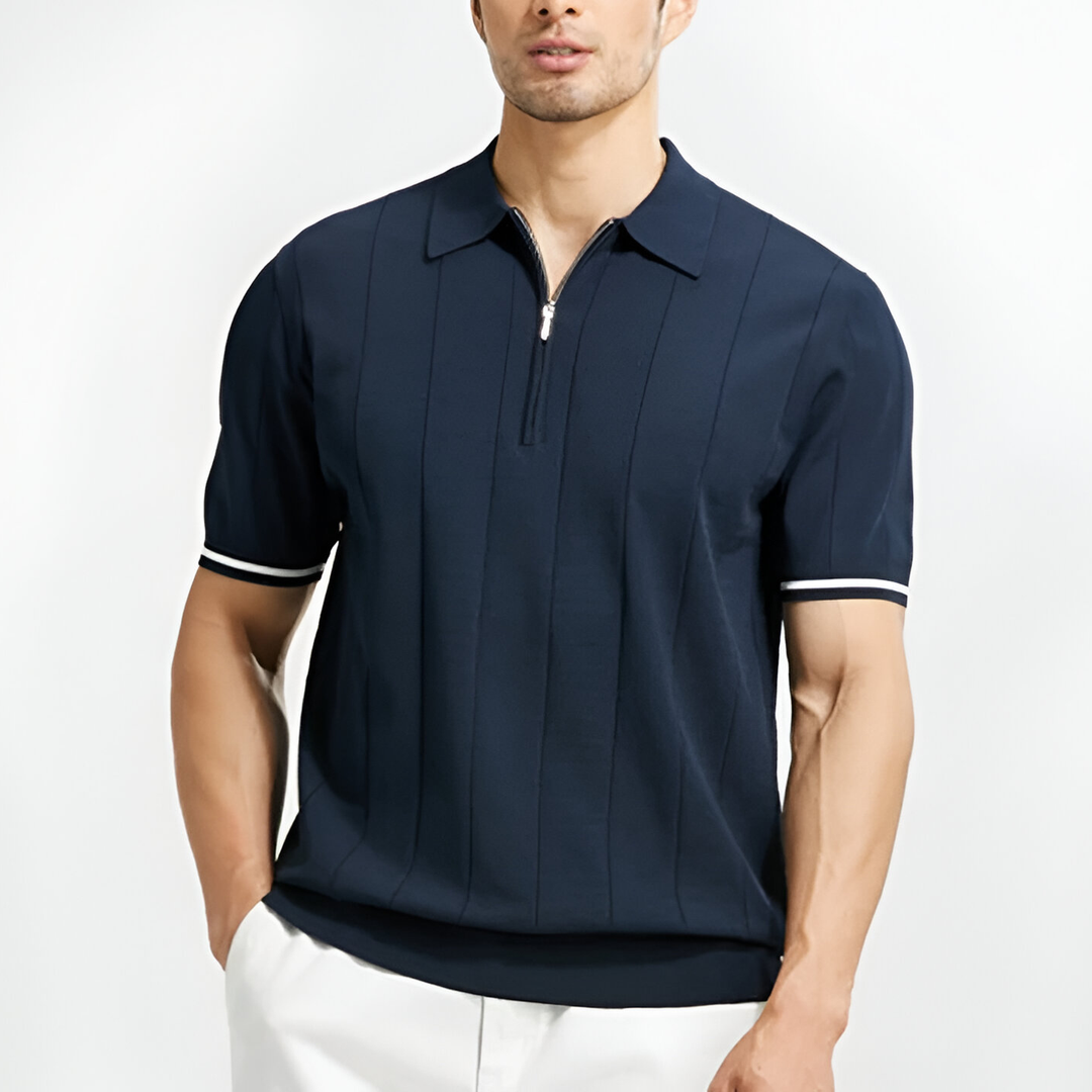 Pánské pletené polo tričko na zip s krátkým rukávem, slim fit, přes hlavu