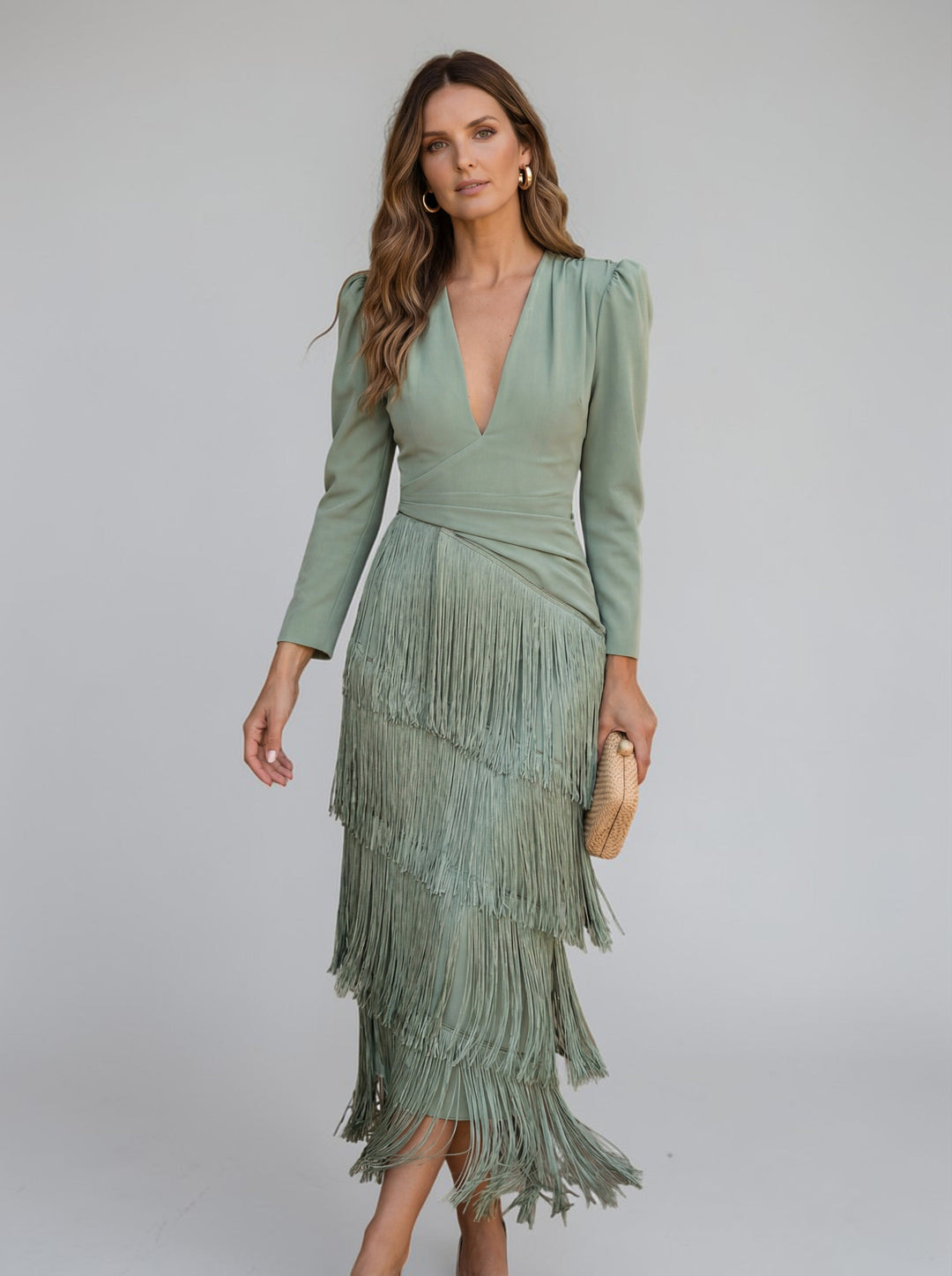 Women's Knit V-Neck Fringe Midi Dress