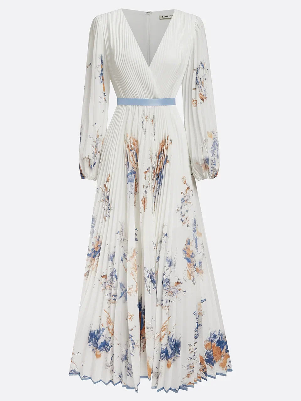 Women Linen V-Neck Long Puff Sleeve Flowy Bohemian Maxi Dress