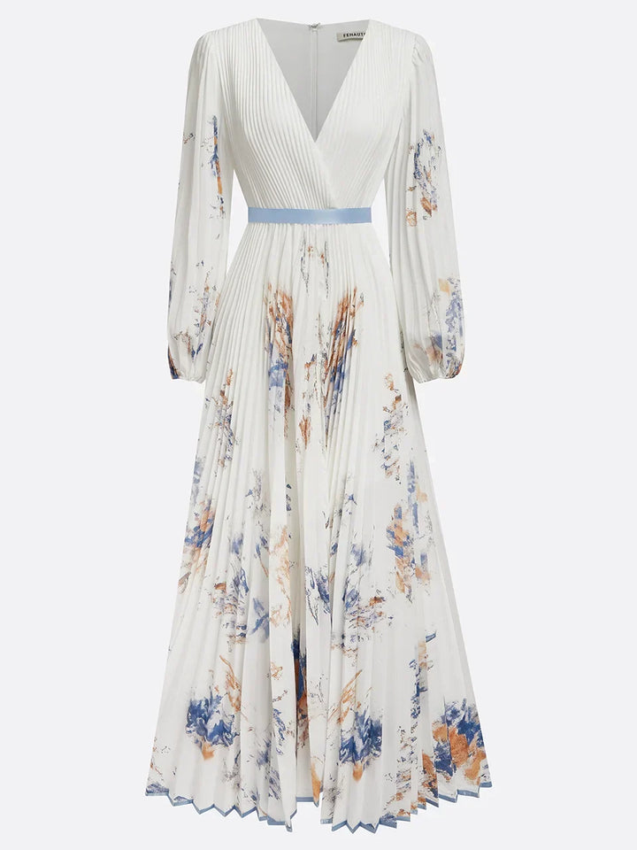 Women Linen V-Neck Long Puff Sleeve Flowy Bohemian Maxi Dress