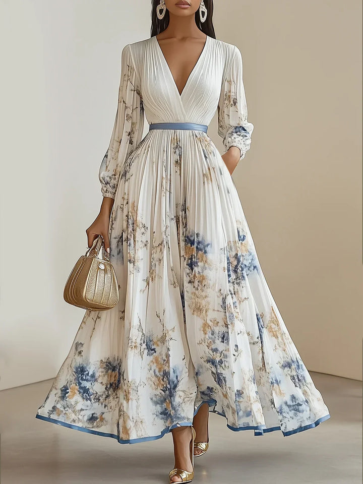 Women Linen V-Neck Long Puff Sleeve Flowy Bohemian Maxi Dress