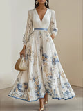 Women Linen V-Neck Long Puff Sleeve Flowy Bohemian Maxi Dress