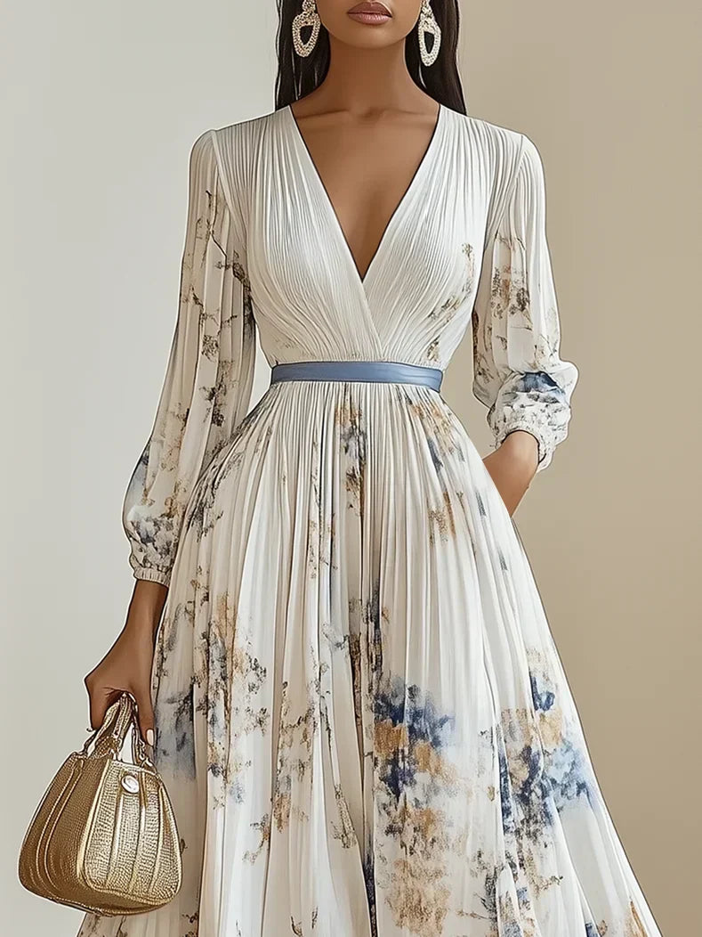 Women Linen V-Neck Long Puff Sleeve Flowy Bohemian Maxi Dress