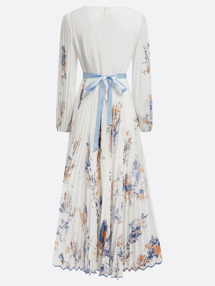 Women Linen V-Neck Long Puff Sleeve Flowy Bohemian Maxi Dress