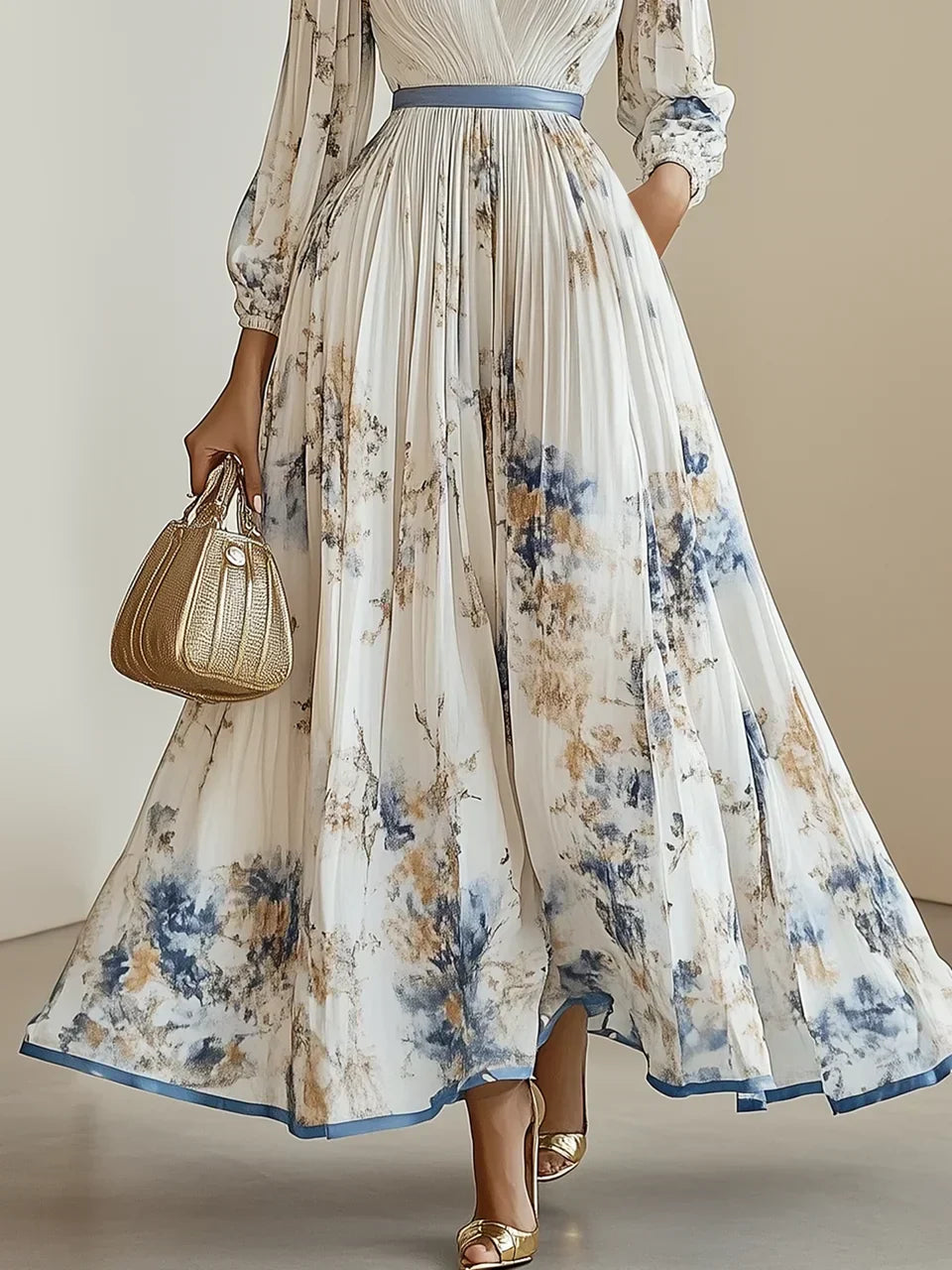 Women Linen V-Neck Long Puff Sleeve Flowy Bohemian Maxi Dress