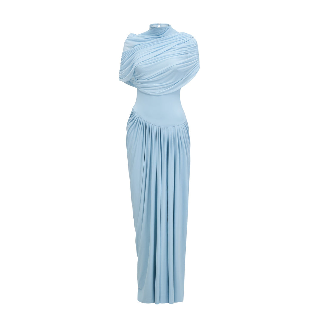 Women’s Satin Draped Mock-Neck Asymmetric Ruched Maxi Dress