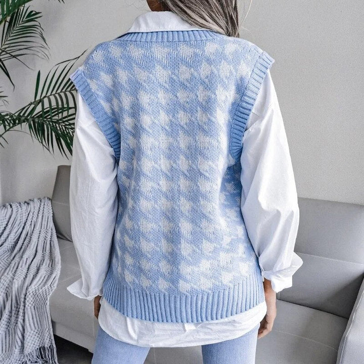 Women's Houndstooth Knit Sweater Vest V-Neck Sleeveless Pullover
