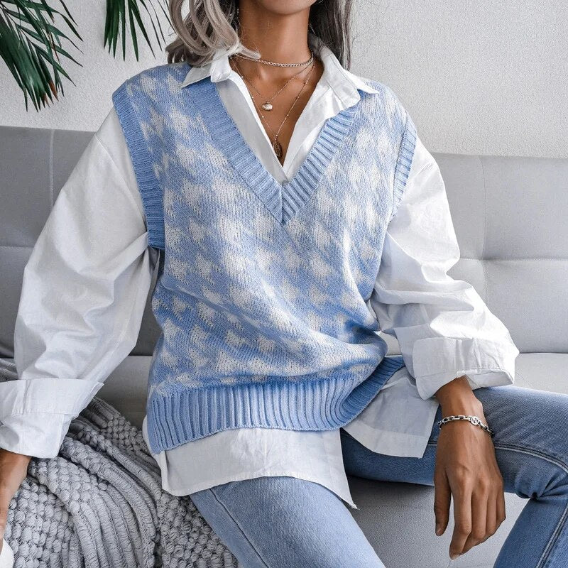 Women's Houndstooth Knit Sweater Vest V-Neck Sleeveless Pullover