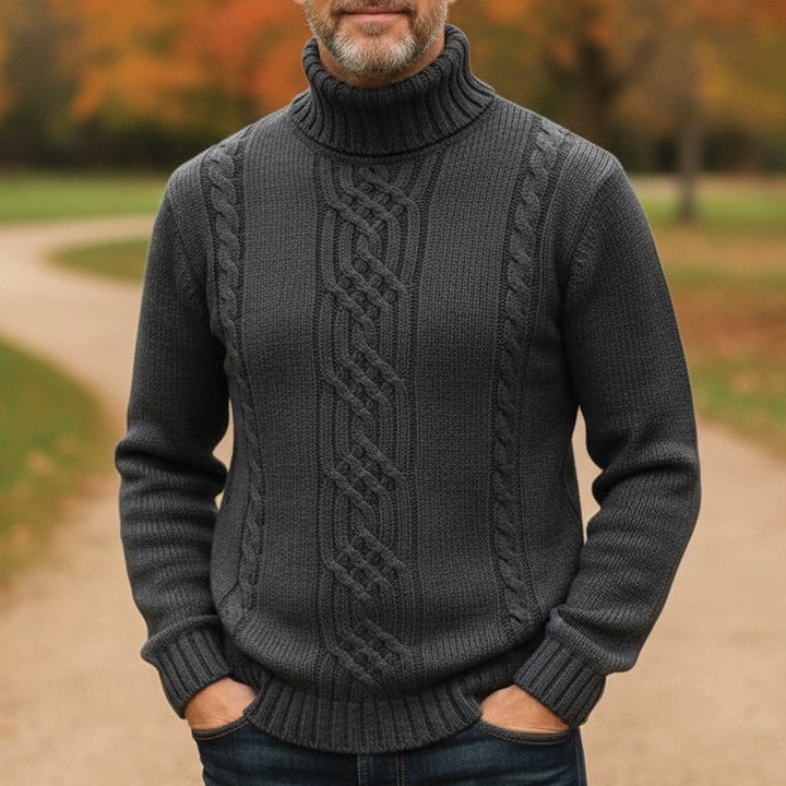 Men's Merino Wool Roll Neck Cable Knit Jumper