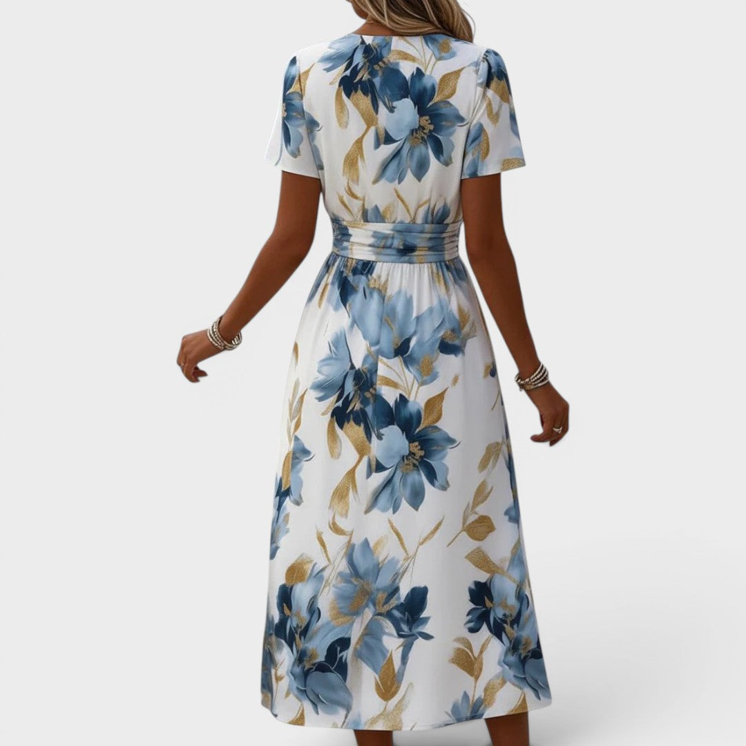 Women’s Linen Blend Floral V-Neck Short-Sleeve Wrap Maxi Dress