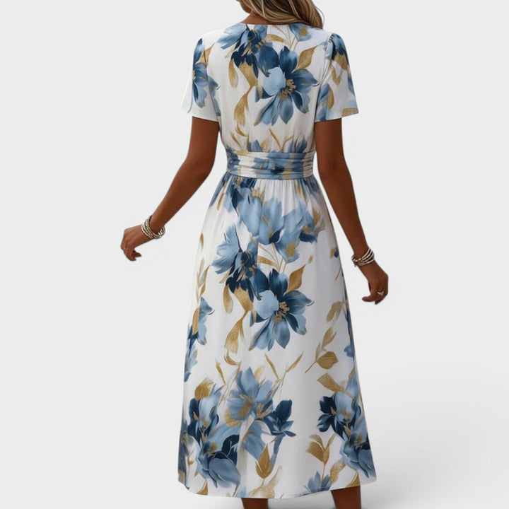 Women’s Linen Blend Floral V-Neck Short-Sleeve Wrap Maxi Dress