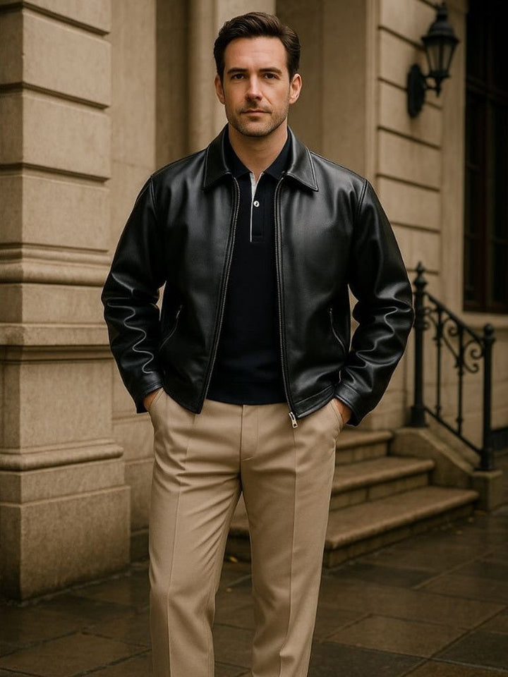 Men’s Leather Zip-Up Crossover-Collar Bomber Jacket