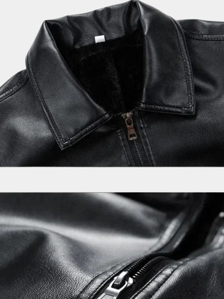 Men’s Leather Zip-Up Crossover-Collar Bomber Jacket