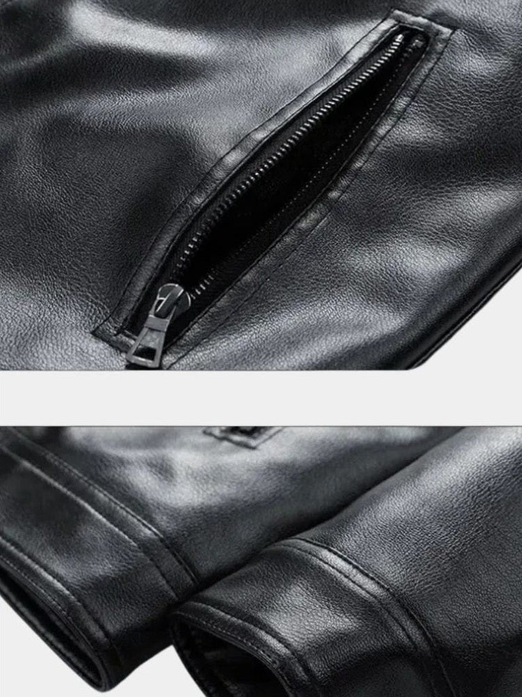 Men’s Leather Zip-Up Crossover-Collar Bomber Jacket