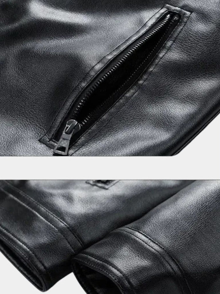 Men’s Leather Zip-Up Crossover-Collar Bomber Jacket