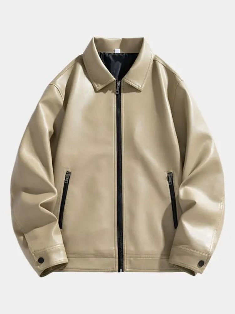Men’s Leather Zip-Up Crossover-Collar Bomber Jacket