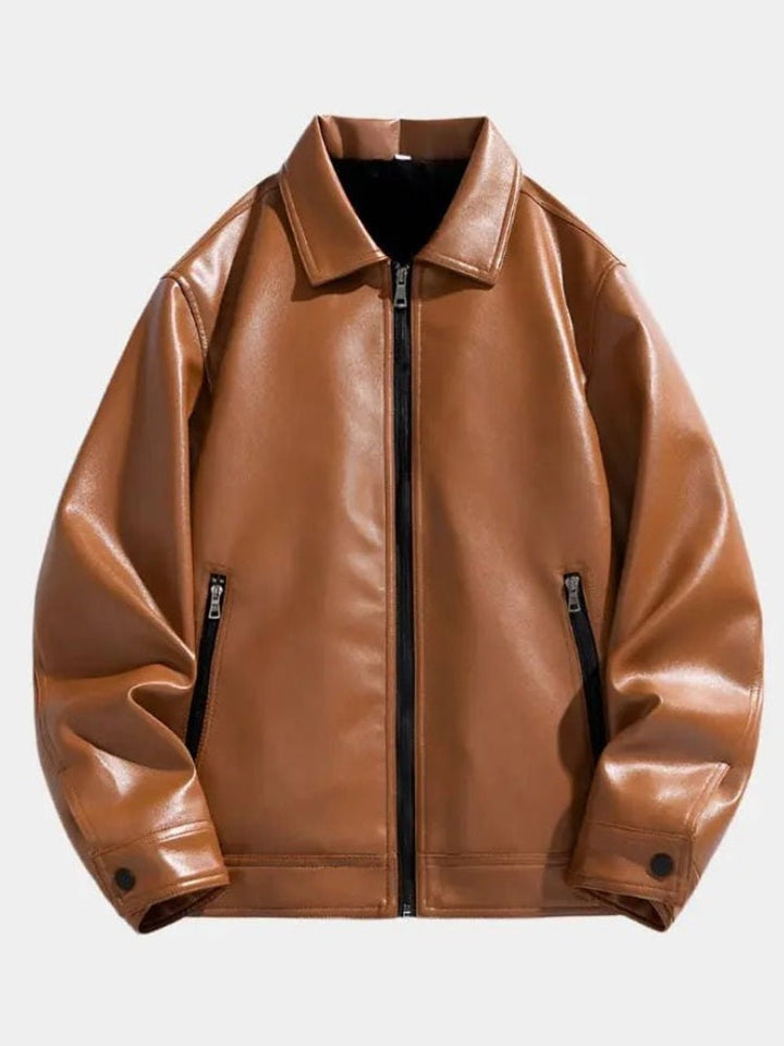 Men’s Leather Zip-Up Crossover-Collar Bomber Jacket
