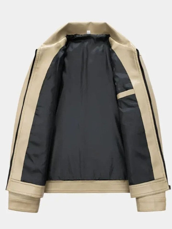Men’s Leather Zip-Up Crossover-Collar Bomber Jacket