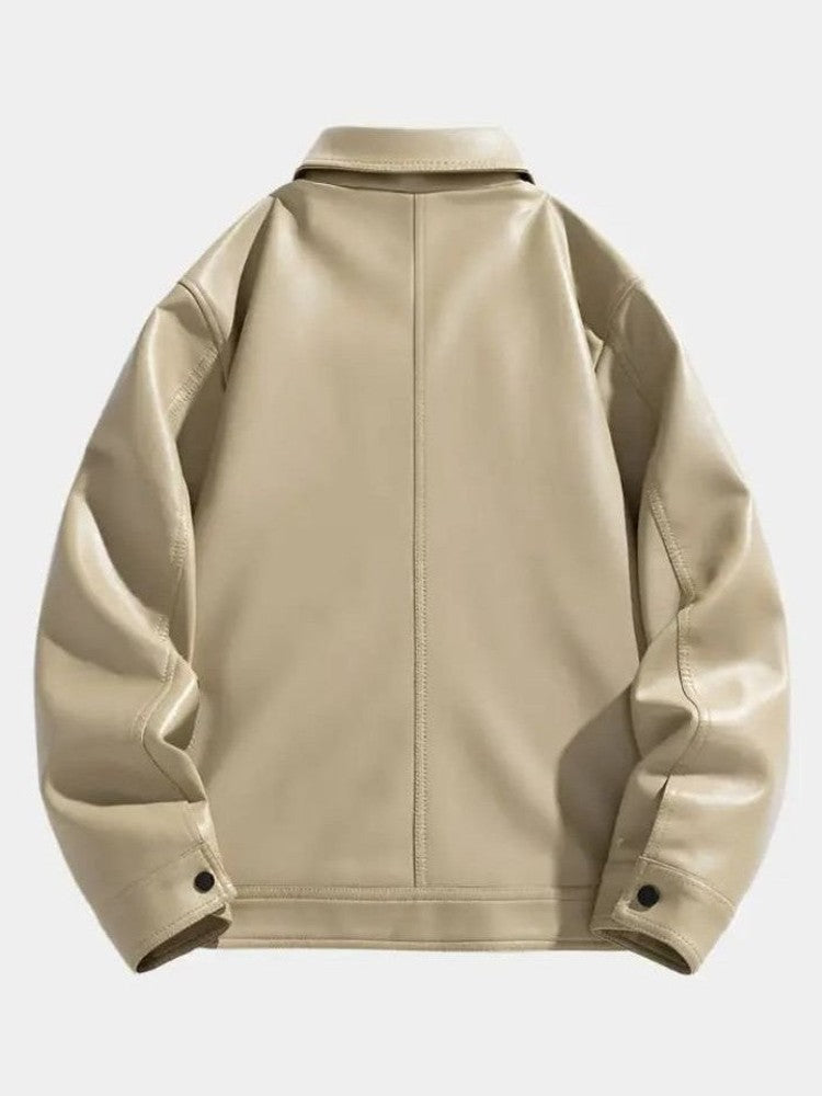 Men’s Leather Zip-Up Crossover-Collar Bomber Jacket